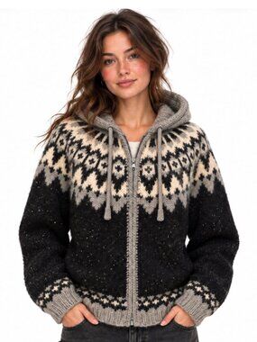 Nordic Icelandic Wool Hooded Zip Cardigan Black Cream Medium